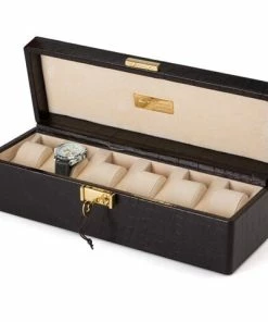 Renzo Romagnoli Renzo - Crocodile Print Leather Case For Six Watches Black