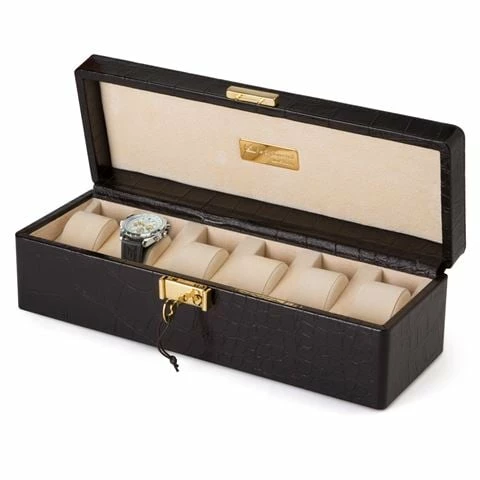 Renzo Romagnoli Renzo - Crocodile Print Leather Case For Six Watches Black